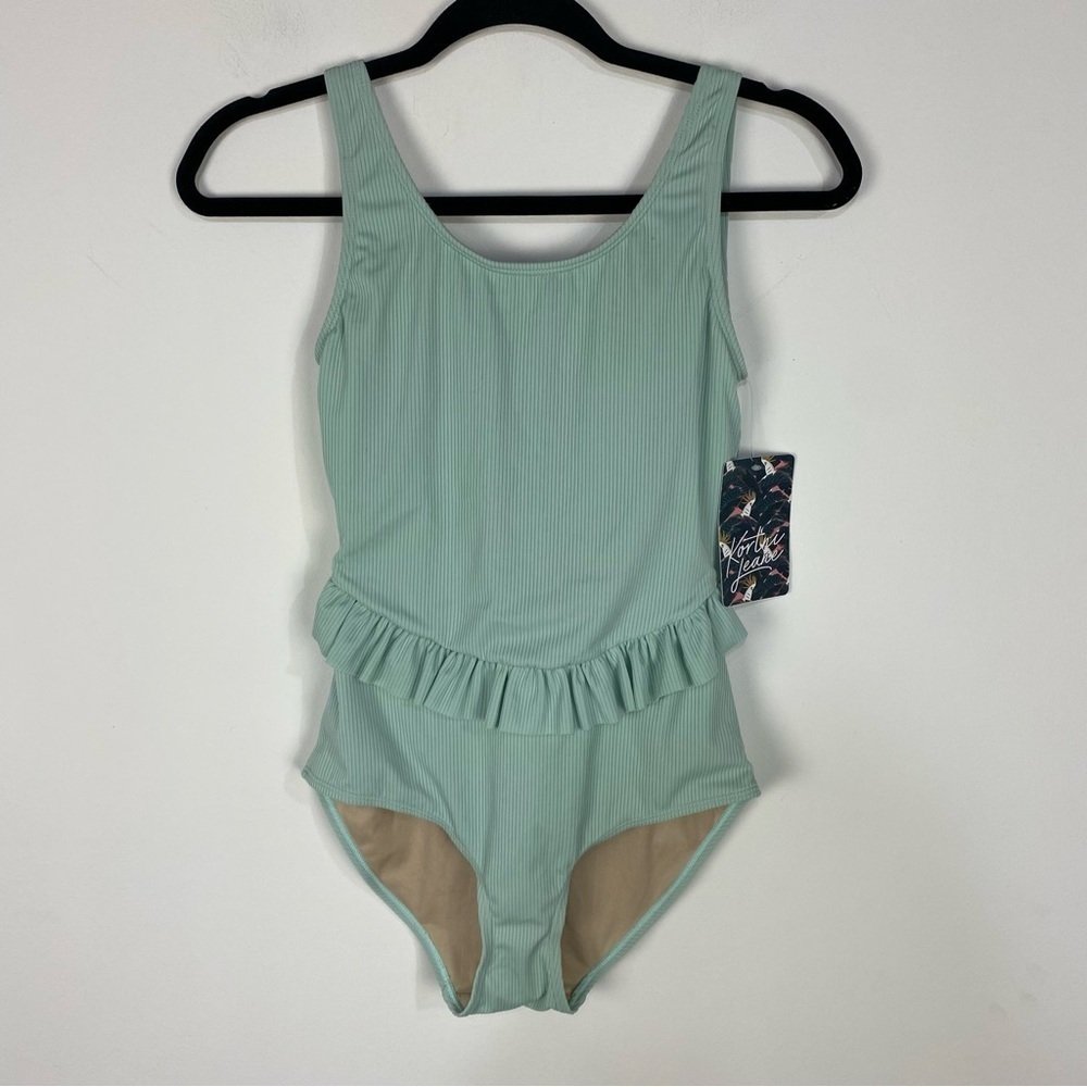 Kortni Jeane Teal Mint Ribbed ruffle one piece swimsuit modest full coverage